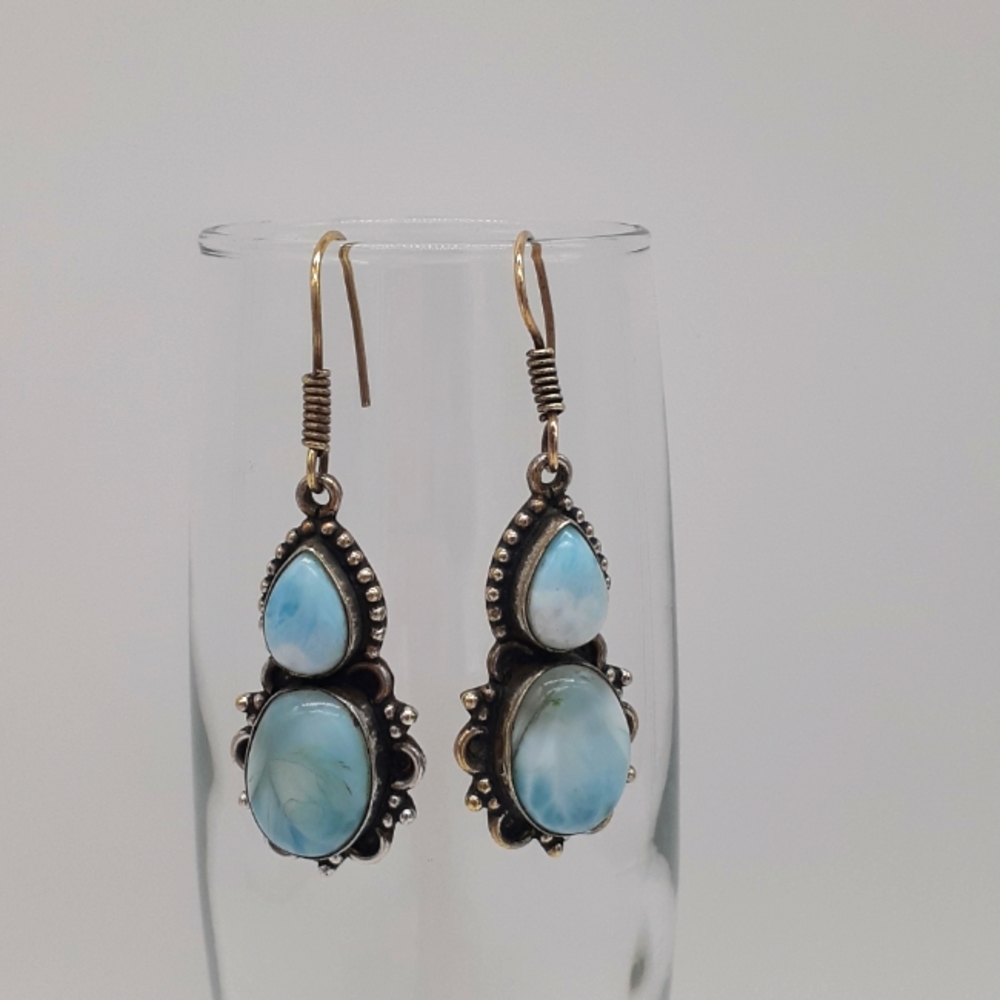 Stunning Artisan Larimar 925 Sterling Silver Earrings